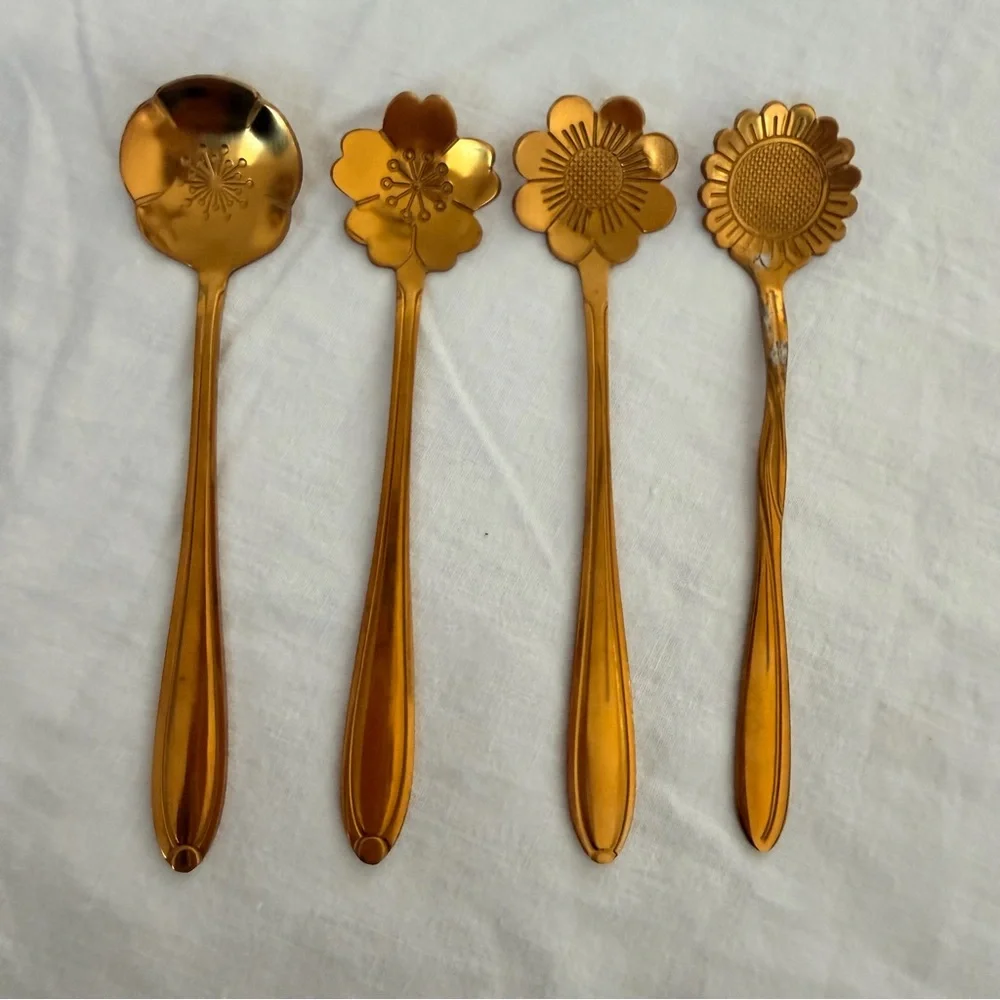 Vintage Gold Tone Floral Spoon Set Brass Flower Spoons 4 Pieces